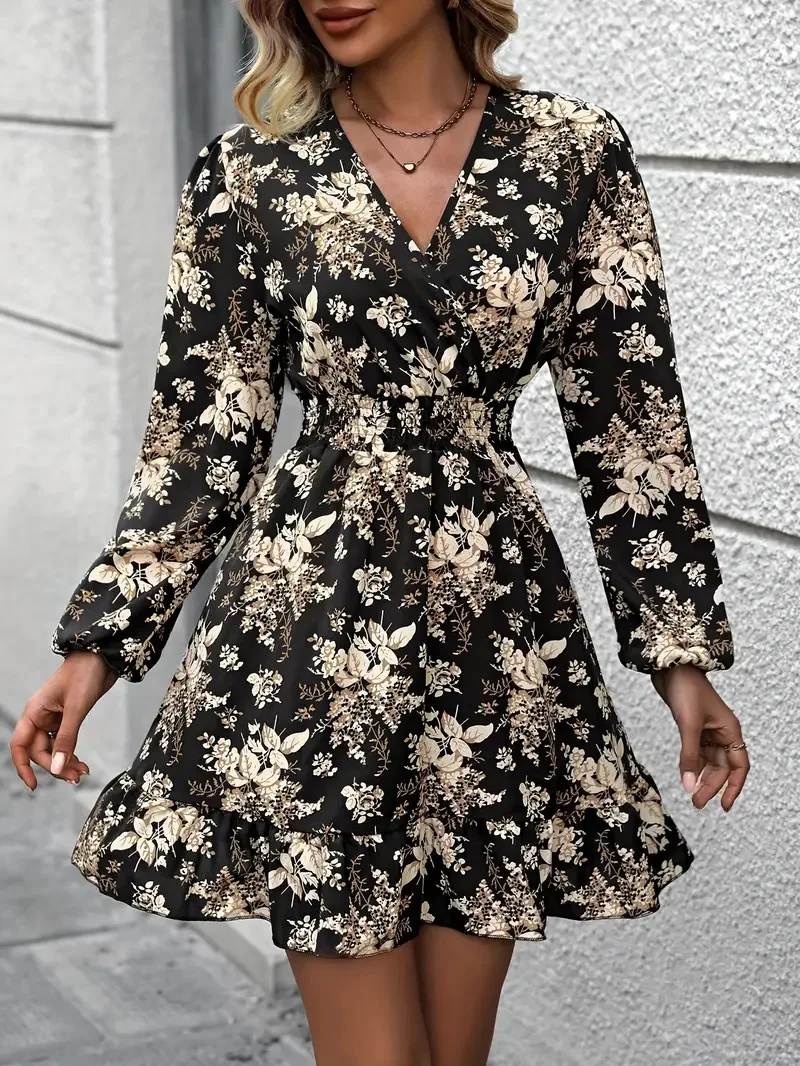 

Elegant V-Neck Floral Print Midi Dress Black Wrap Dress with Ruffle Hem and Belted Waist Long Sleeve Ruffle Trim Dress​