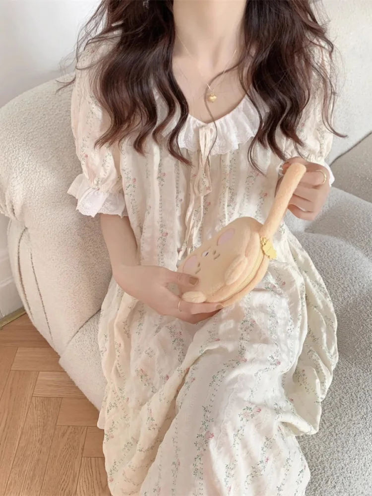 

Свободная женская корейская пижама миди с милым цветочным принтом ort Sve Sp Dr и кукольным воротником, удобная домашняя пижама Dr...