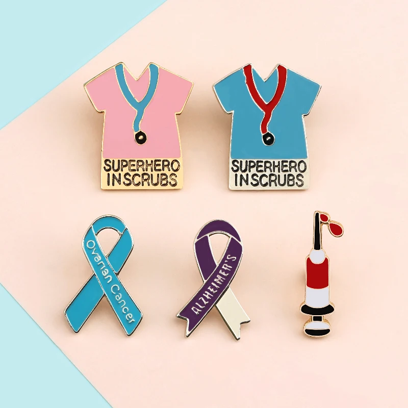 Syringe Enamel Pin Doctor Nurse Brooches Pink Blue Clothes Alzheimer's Charity Ribbon Lapel Pins Badges Medical Students Jewelry