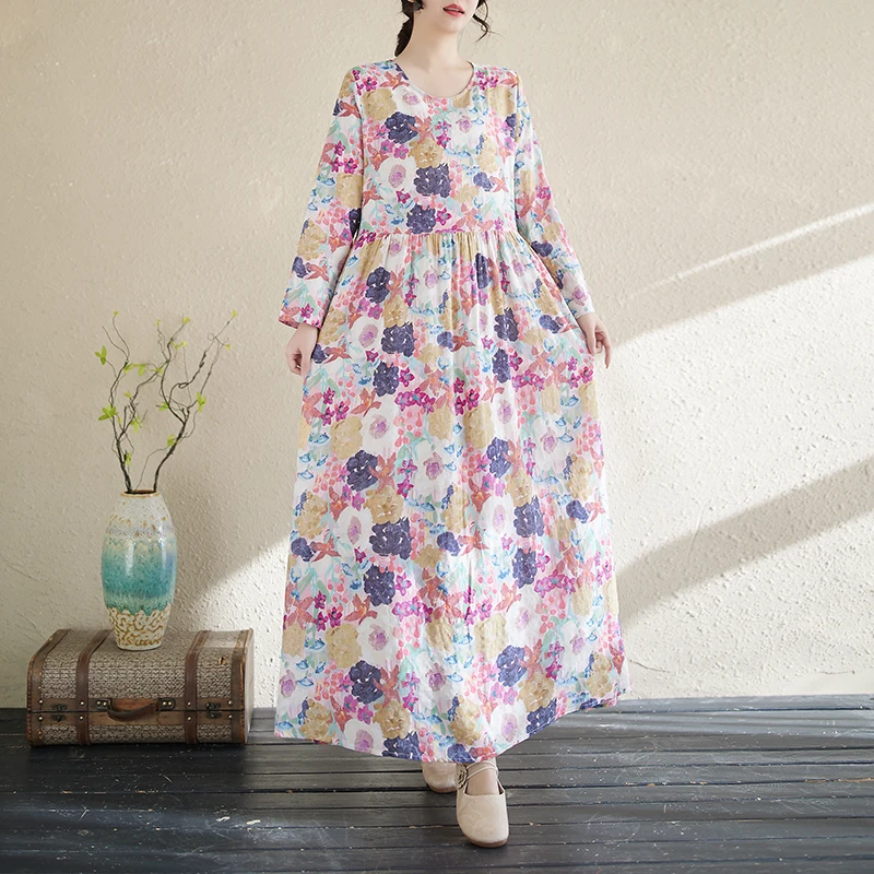 

2025 Spring New Printed Holiday Long Sleeve Dress for Women Pink Loose Round Neck Cotton Hemp Countryside Style Long Dress A411