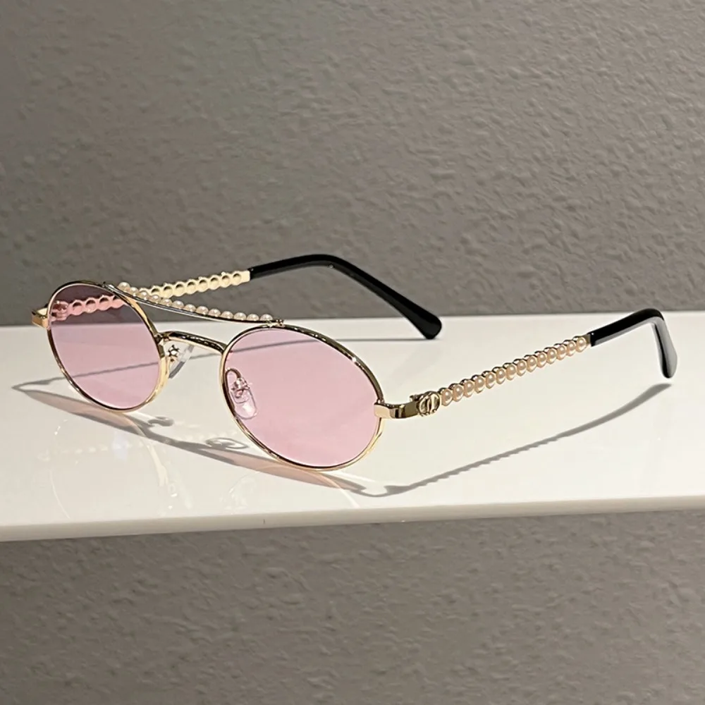 Fashion Light Luxury Imitation Pearl Women Sunglasses Oval Double Bridge Metal Frame Sun Glasses Travel Cycling UV400 Eyewear