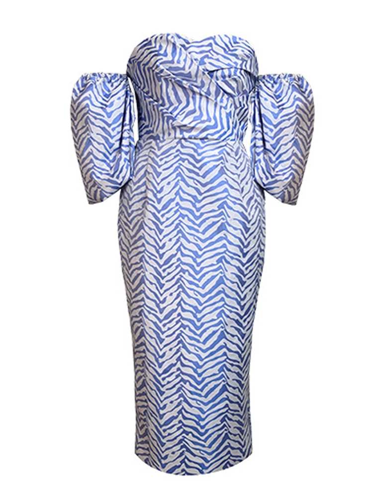 Bohe elegante vestido de noche para mujer francés Vintage azul Jacquard sin tirantes fuera del hombro bata de manga de burbuja Vestidos de fiesta para mujer