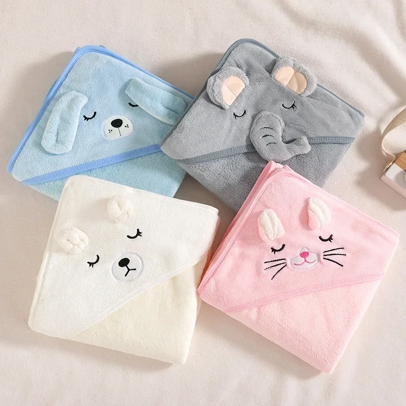 Solid Color Cartoon Coral Fleece Super Soft 80*80cm Baby Hooded Bath Towel Bathrobe Swaddle