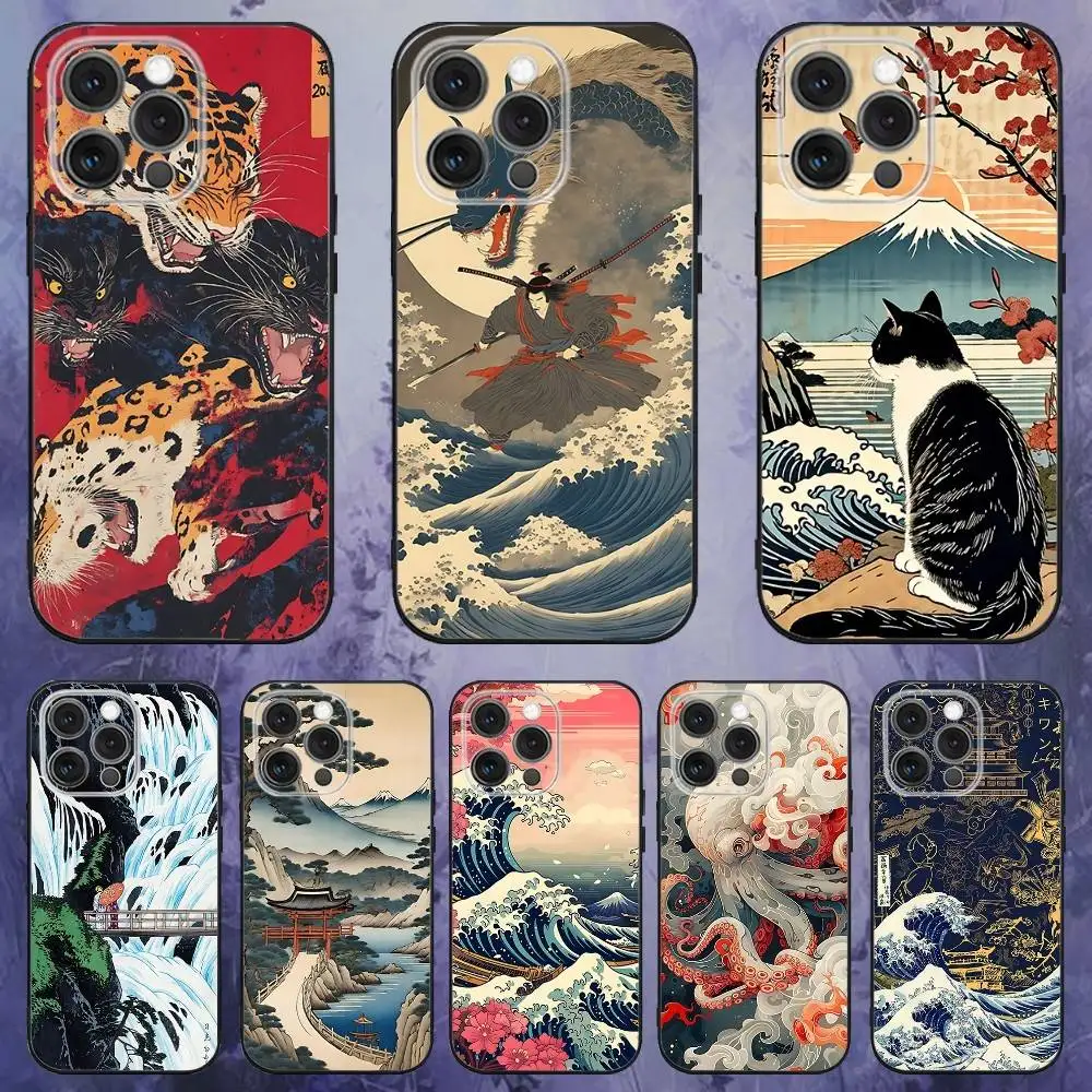 

Japan Style Ukiyo-e Phone Case For iPhone 17,16,15,14,13,12,Pro,Max,Plus,E,SE4,Air,Mini Black Soft Box