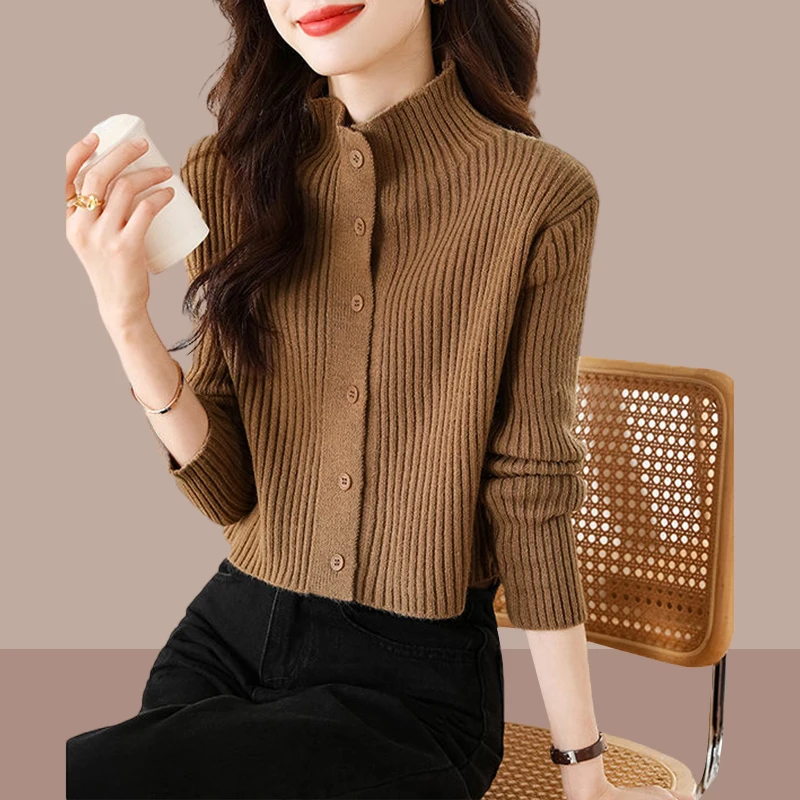 

Осенне-зимний вязаный свитер с полувысоким воротником в стиле кэжуал для женщин, облегающий, с длинным рукавом, для ношения под одеждой, повседневный кардиган