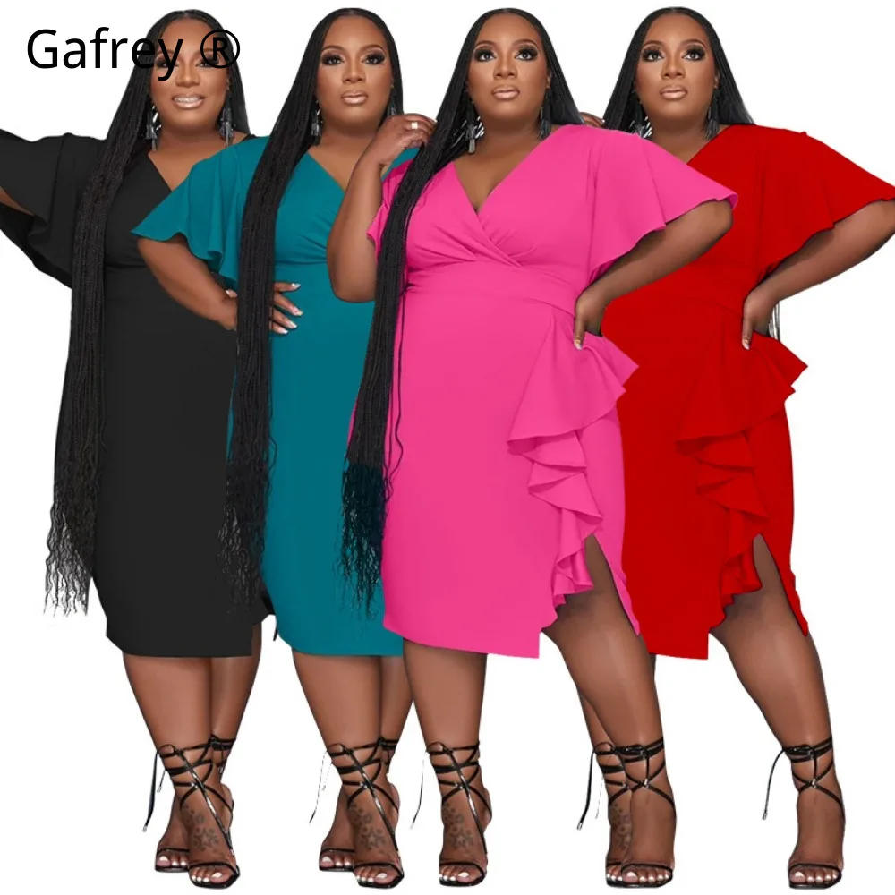 

Платье-футляр больших размеров (2XL, 4XL) для женщин: однотонное, с V-образным вырезом и оборками, облегающее, городской элегантный стиль, модное, сексуальное, приталенное, для вечеринок, офиса, повседневное