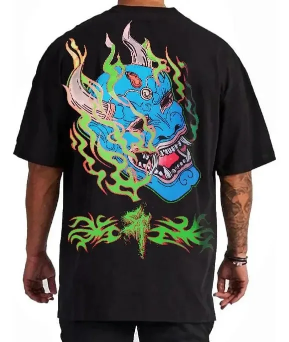 Men's Blue Hannya Demon Mask with Flames Graphic Vintage Washed T-Shirt, Oversized Cotton Streetwear Tee