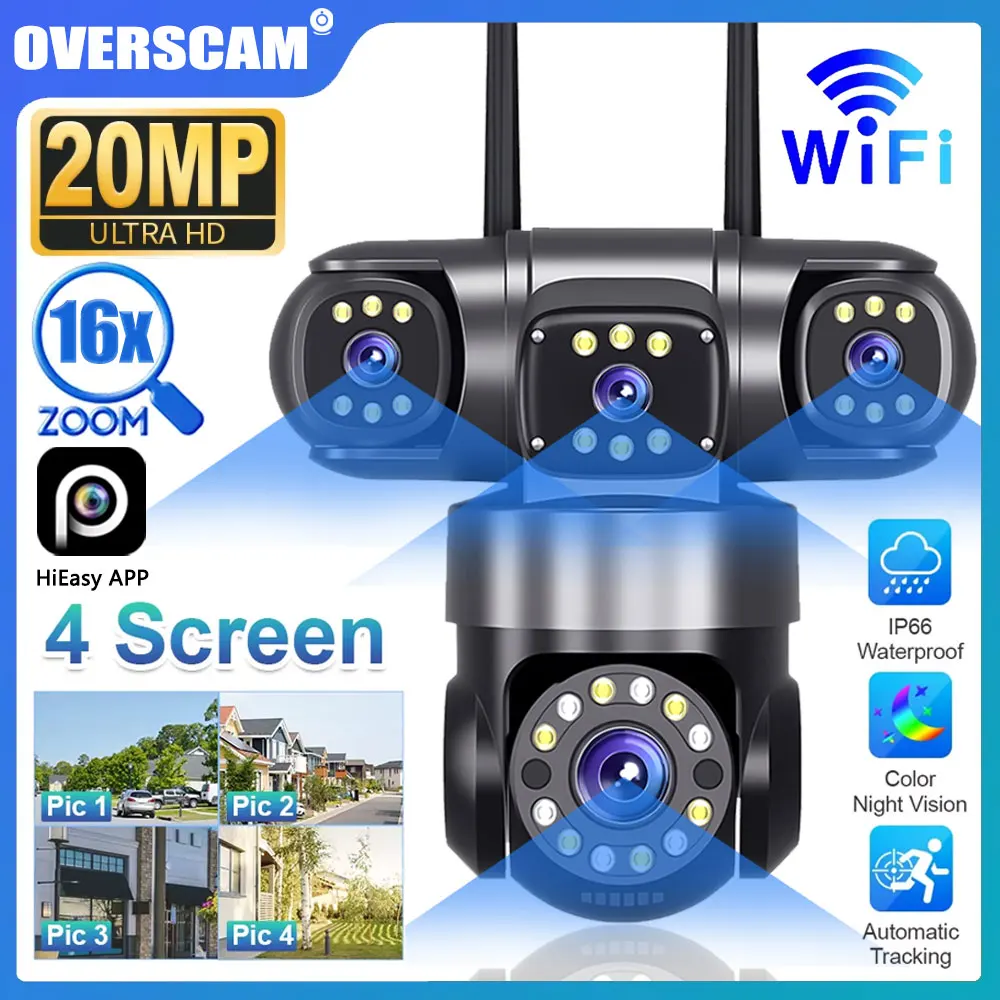 

10K 20MP 4 Lens 4 Screen 360° 16X Zoom Home Security Outdoor WiFi Camera CCTV Wireless Surveillance PTZ Cam Security Protection