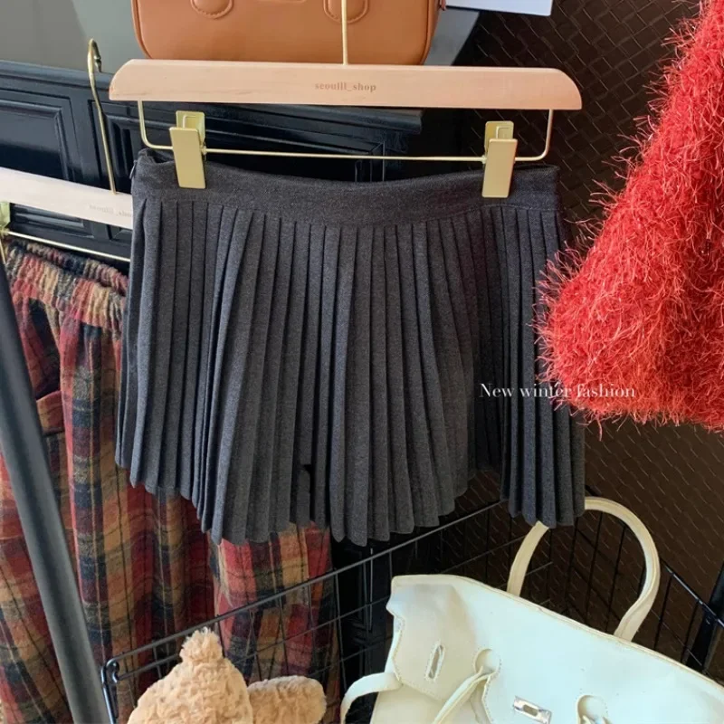 Korean Solid Color Casual Pleated Mini Skirt Women 2024 Autumn New High Street Sexy Slim Tweed Knitted A-line Skirt