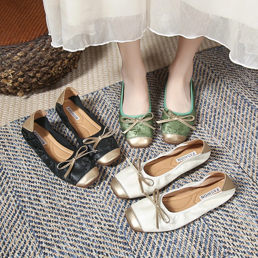 

Round Toe Leather Flats Shoes Women Loafers Couple Woman Flat With Students Bow Slip on Ladies Shoes Office Comfortable Shoes