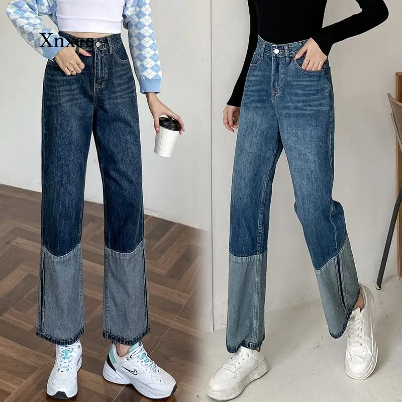 

2022 Women Straight Denim Trousers Block Patchwork Jeans Bottoms Korean New Jeans Loose Fashion Streetwear Wide Leg Pants