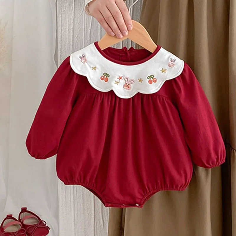 

0-3Y Baby Rompers Spring Autumn Long Sleeve Embroidery Romper for Toddler Infant Princess Red Jumpsuit Bodysuit Children Outfits