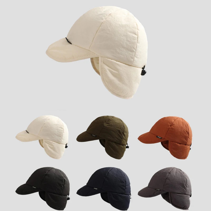 Japanese Retro Padded Ear Bomber Hat Autumn and Winter Fashion Warm Simple Solid Color Outdoor Ski Flying Hats for Men and Women