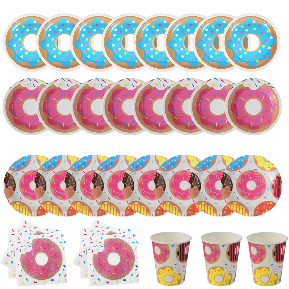 Donut Dessert Theme Party Tableware Set Disposable Plate Cup For Birthday Donut Growing up Theme Baby Shower Party Supplies