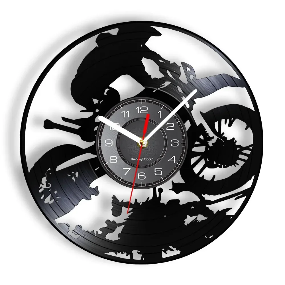 Scrambling Dirt Motorbike Racing Sports Vinyl Record  Art Wall Clock Motocross Rider Off Roading Home Decor Hanging Watch