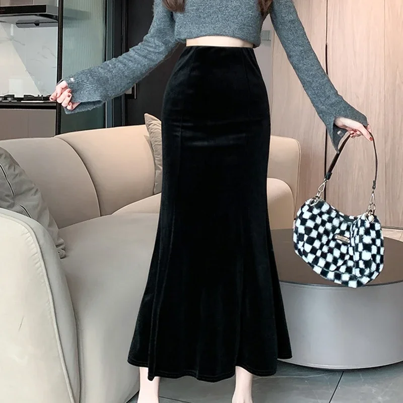 Elegant Velvet Black Long Skirts Women 2026 Casual High Waist Faldas Sexy Mujer Slim Korean Style Y2k Clothes Vintage Midi Skirt