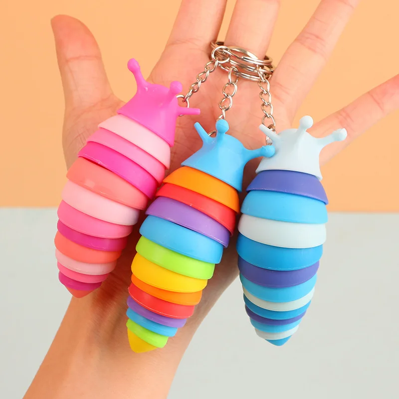 Mini Fidget Slug Keychain Toys 3D Articulated Stretch Caterpillar Sensory Stress Relief Flexible Hand Toy Keyring Bag Pendents