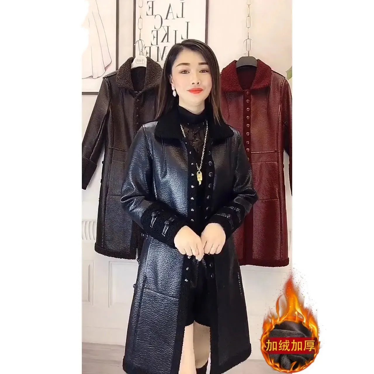 Coat Women Winter Loose Long PU Leather Jacket Thick Warm Lambswool Faux Leather Coat Female Chaqueta Cuero Mujer 5XL Red Black