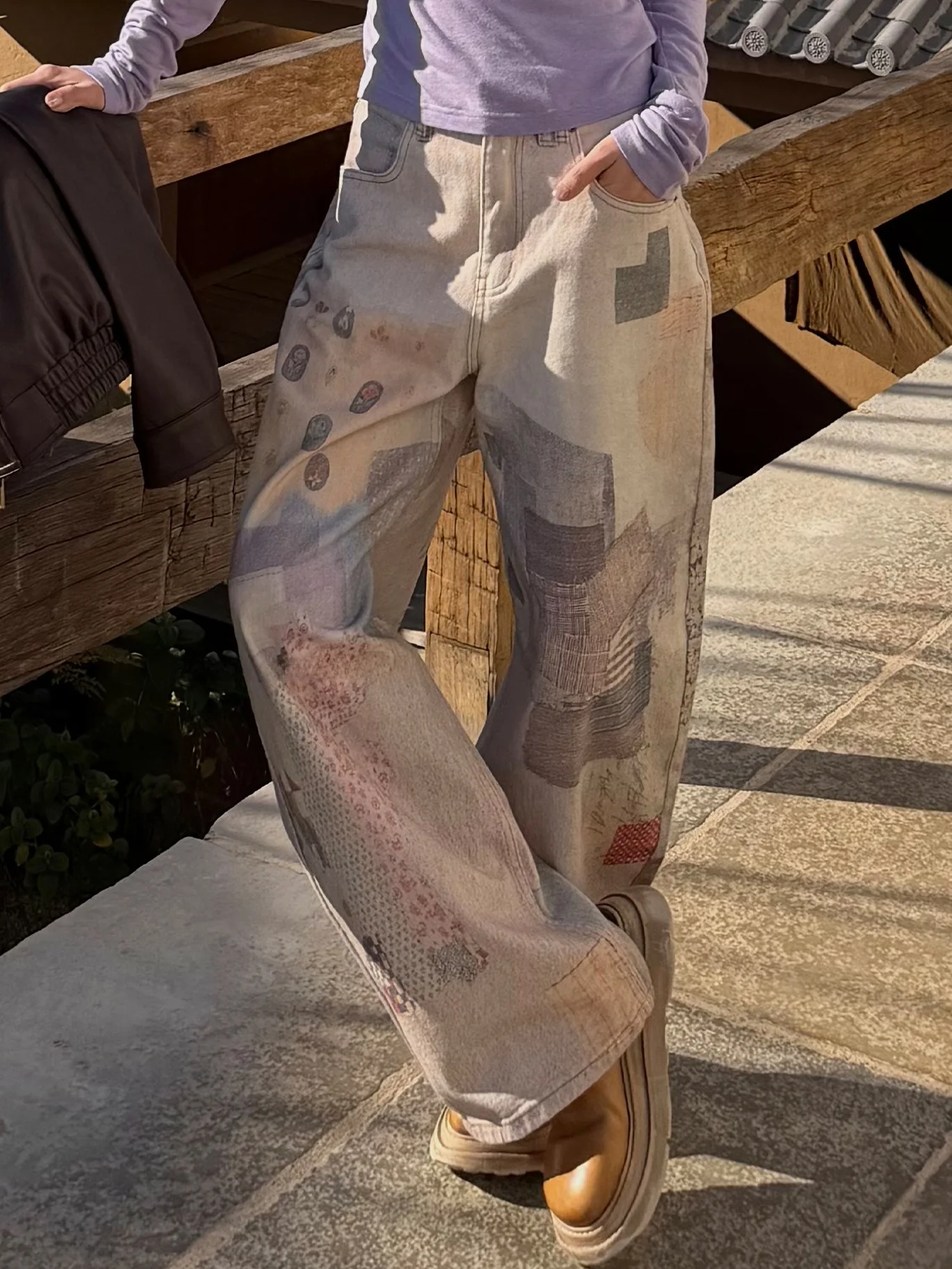 

Jaajaaa Slimming Wide Leg Art Cartoon Print Jeans American Style Spring Women's Loose Fit Natural Waist Cotton Denim