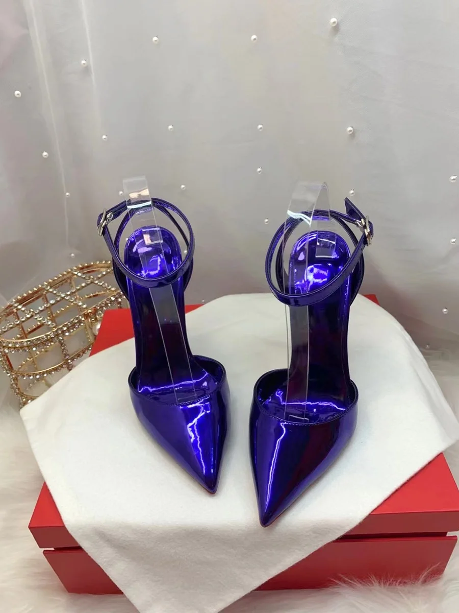 

Laser electric red patent leather hollow out sexy thin heel straight strap women's sandals banquet nightclub super high heels