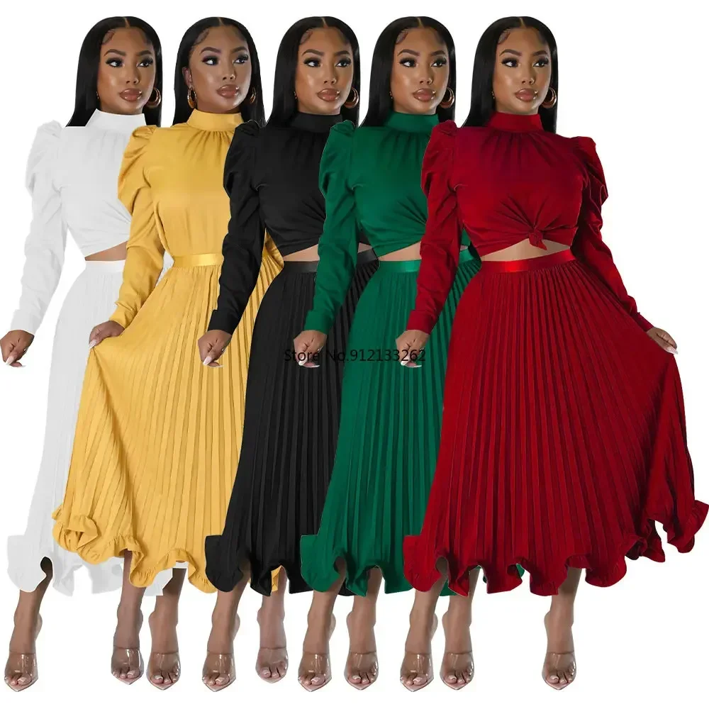 African Dresses for Women 2 PCS Set Tops and Skirts Suits Dashiki Ankara Fall Outfits Robe Plus Size Pleated Evening Party Dress