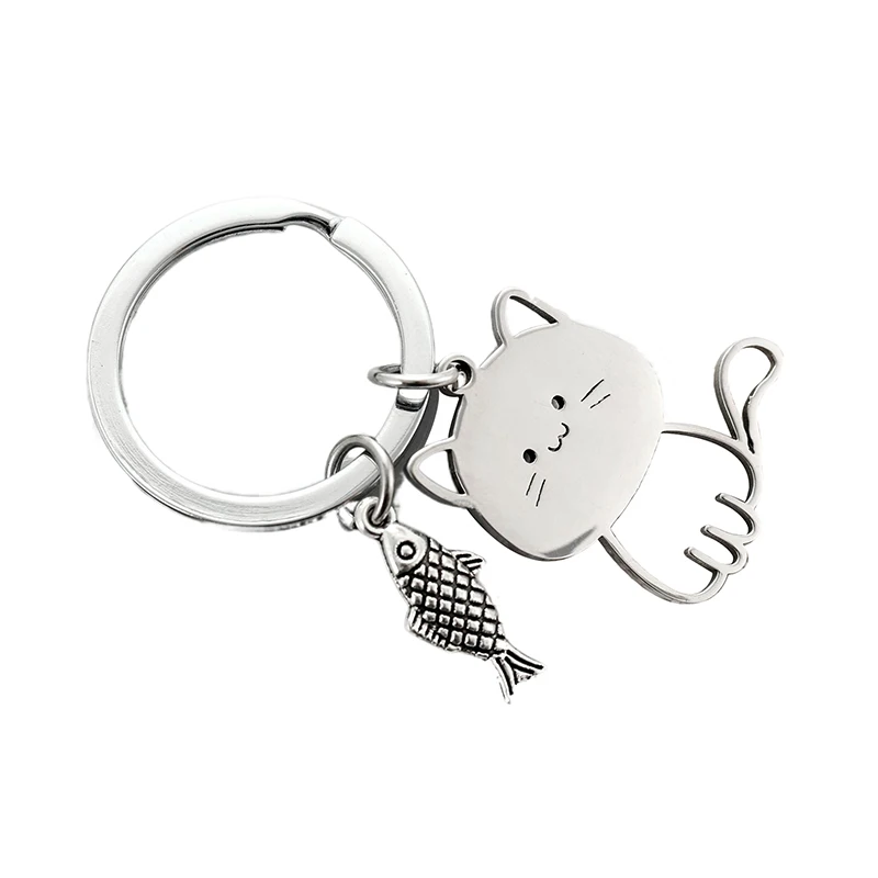 Funny Cartoon Cat Fish Keychain Couple Lovers Stainless Steel Keyring Lovely Pendant Key Chain Valentine\'s Day Gift Jewelry