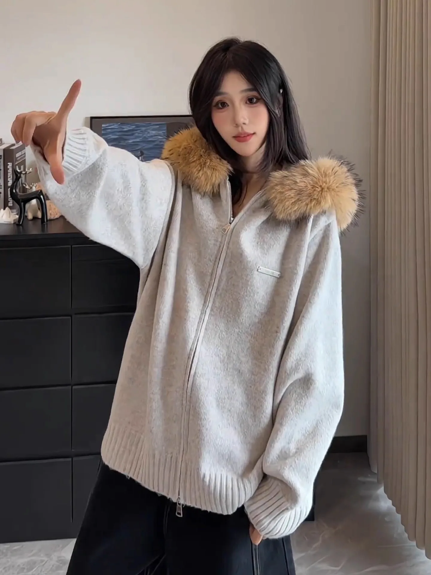 

Трикотажный свитер на молнии с большим меховым воротником для мужчин и женщин, в стиле кэжуал, осенне-зимняя утепленная куртка-пальто