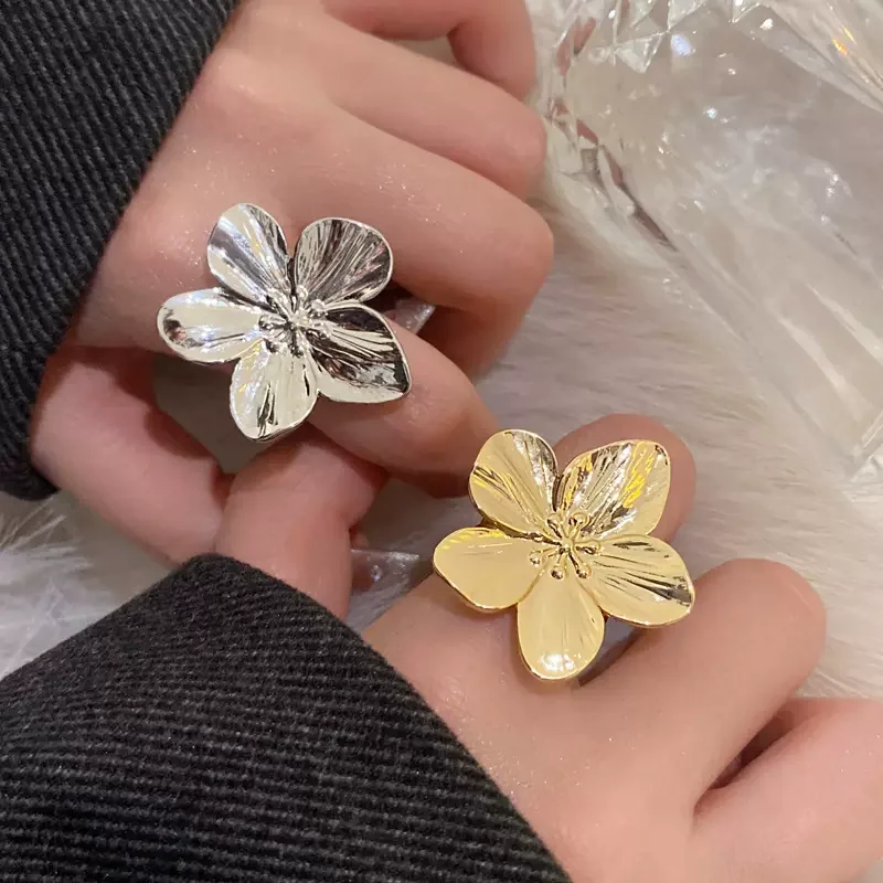 Exquisite Stainless Steel Gold Color Flower Big Open Ring for Women Trendy Fashion Party Summer Statement Wedding Jewelry Gift