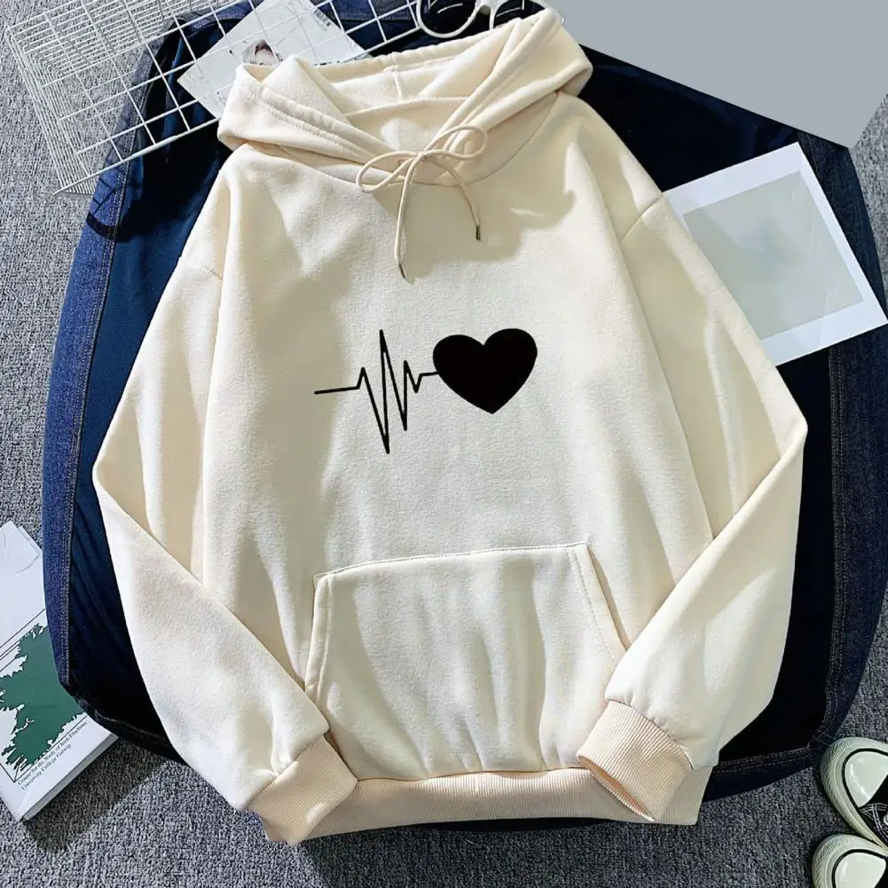 

Fall Winter Unisex Hoodie Heart Print Loose Fleece Sweatshirt Thick Plush Drawstring Long Sleeve Pullover Casual Hoodie