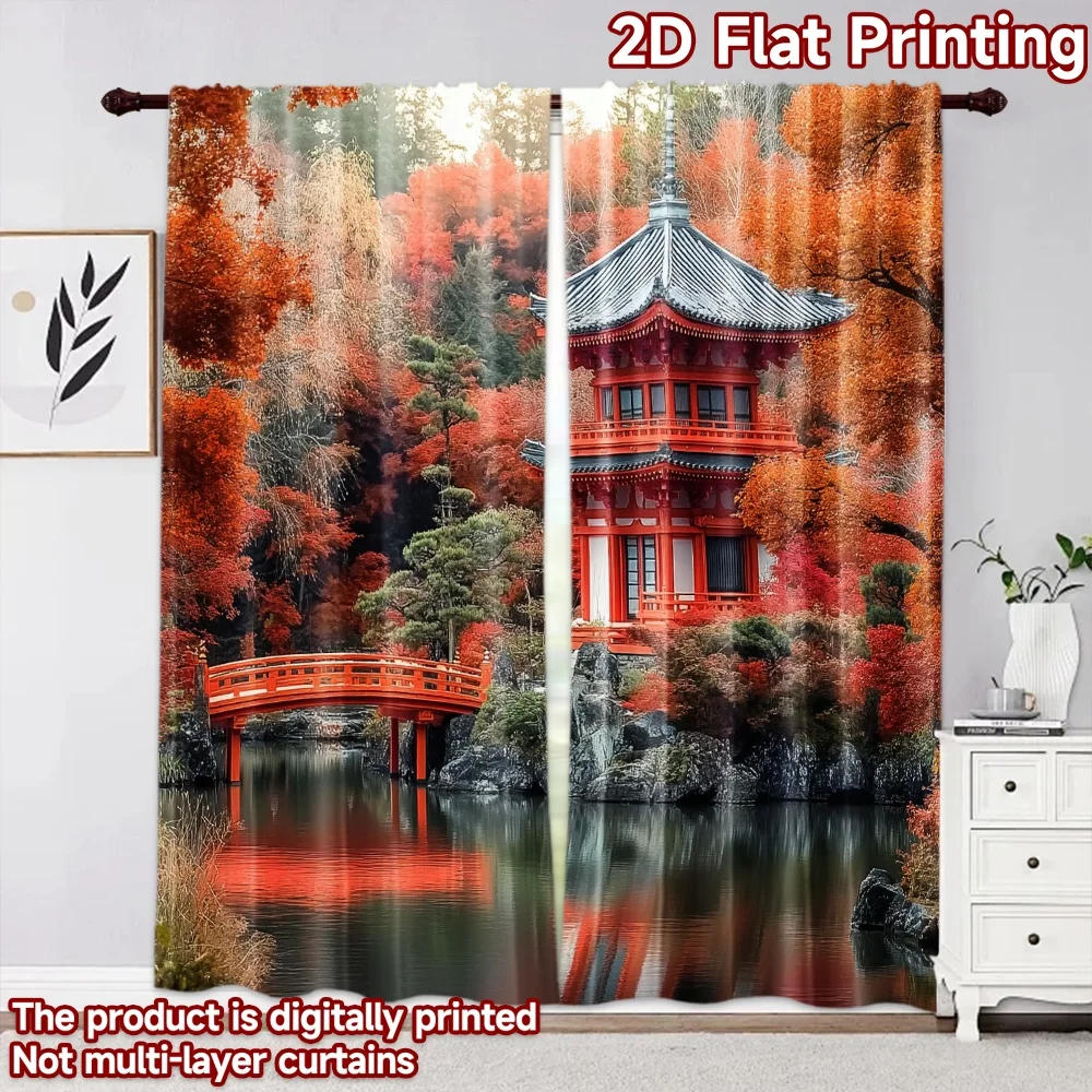 2pcs Japanese Pagoda Temple Curtains Autumn Red Maple Bridge Window Drapes Oriental Scenery Decor Living Room Bedroom