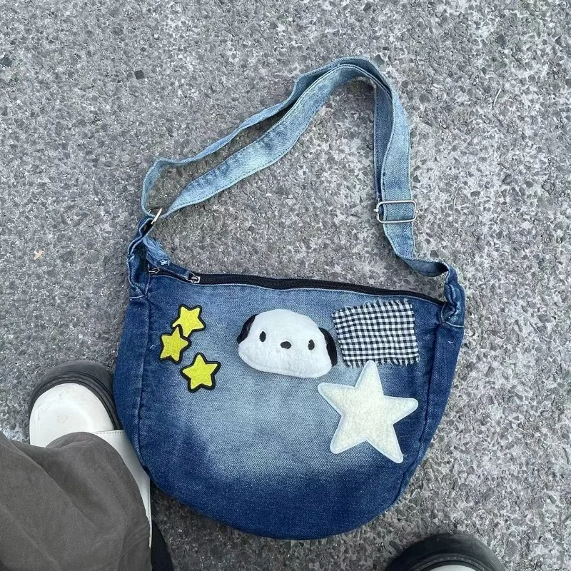 MBTI Pochacco Y2k Womens Shoulder Bag Denim Vintage Fashion Casual Cute Messenger Bag Cartoon Kawaii Blue Luxury Female Handbag