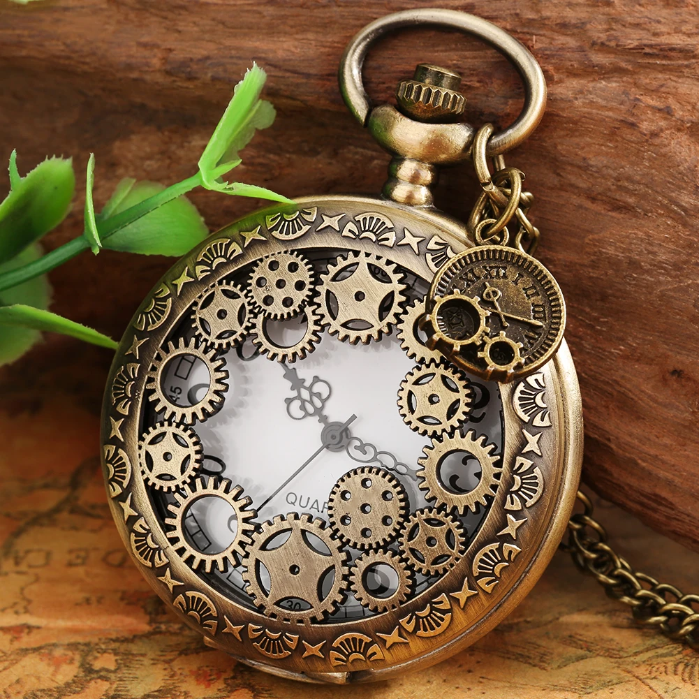 Hollow Gearwheel Quartz Analog Necklace Pocket Watch Men Women Arabic Numerals White Dial Vintage Chain Pendant Timepiece Gifts