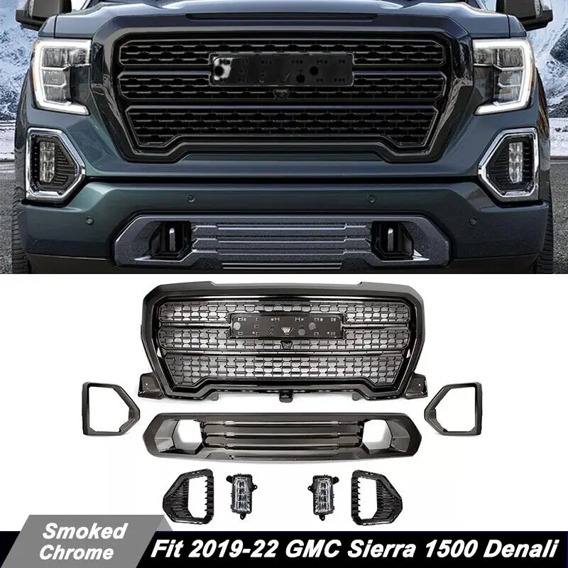 SAIQINGSP Front Grille Plate & Fog Bezel Smoked Chrome Fit 2019-22 GMC Sierra 1500 Denali Car Accessories Tools