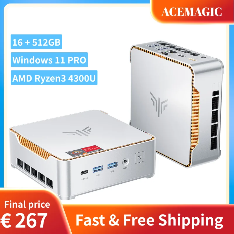 ACEMAGIC MINI PC AMD Ryzen 4300U 16GB RAM 512GB SSD Windows 11 Pro Baixo Consumo de Energia 4K Triplo Display WiFi 5 MINI PC