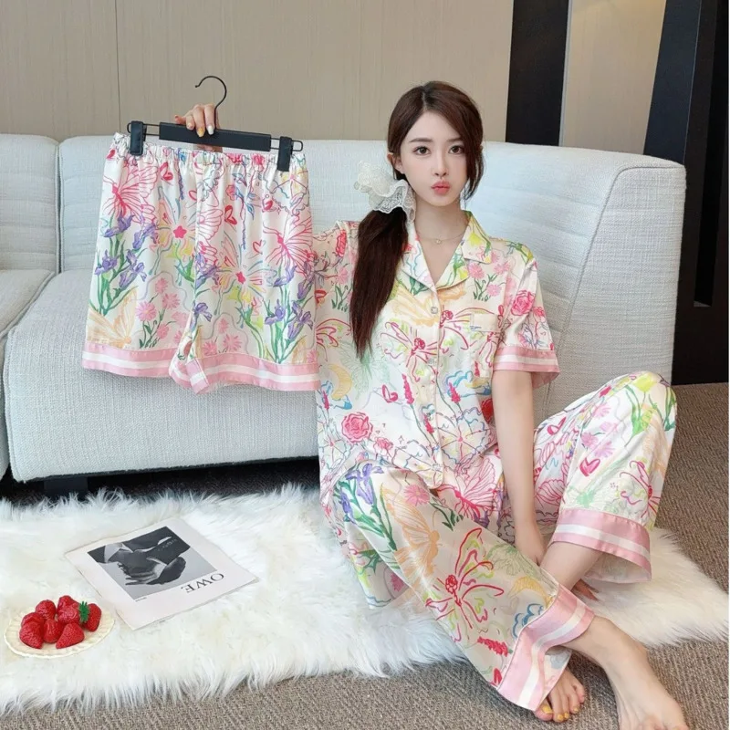 2025 Spring Autumn Colorful Butterfly Print Short Sleeve Pants Two Piece Set Set Women Pajamas Ice Silk Nightgown Sleepwear