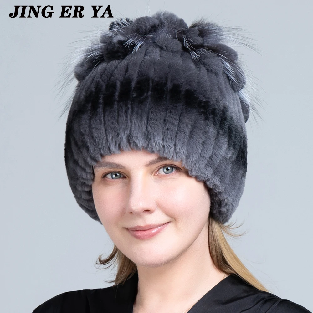 JERYAFUR Fur Hats for Women Winter Real Rex Rabbit Hat Fox Fur Kniting Female Warm Snow Caps Ladies Elegant Princess Beanies Cap