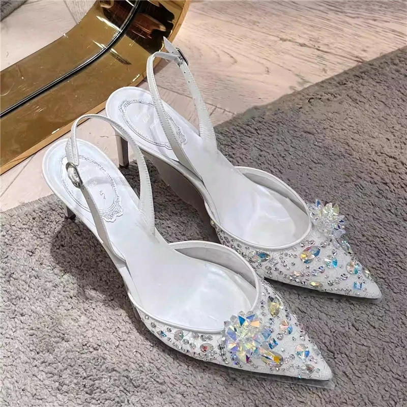 

Spring and summer new pointed mesh lace rhinestone low-heeled wedding shoes thin high-heeled banquet dress fashion women sandals