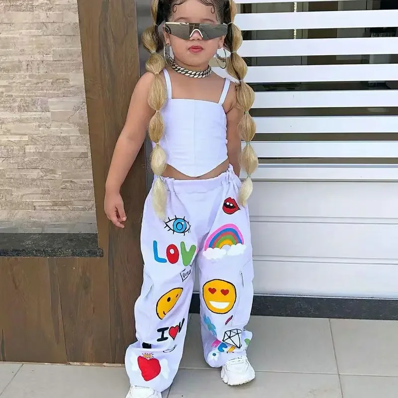 2024 Summer New Girls Fashion Solid Halter irregolare Top + Cartoon Print Pants 2 pezzi Set abbigliamento Casual per bambini età 1-8Y