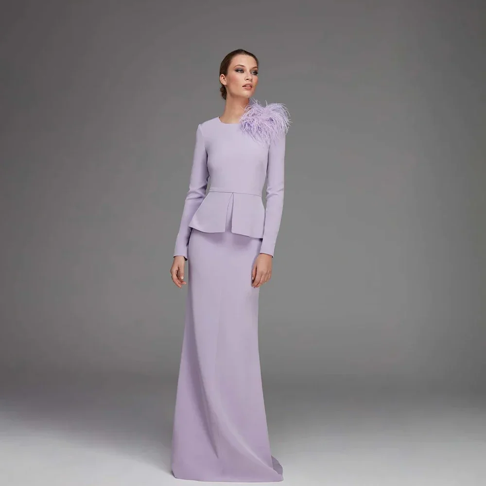 Elegant Lilac Mother of the Bride Dresses for Weddings O Neck Long Sleeve Wedding Party Gowns Feather Floor-Length فساتين السهرة