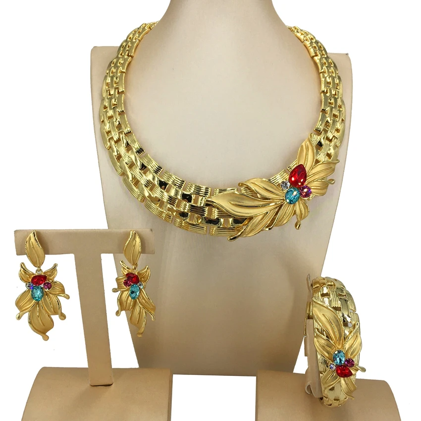 

Yuminglai Fine Dubai Gold Plated Jewelry Big Colorful Stone Necklace Earrings Bangles Jewelry Sets For Women FHK14167