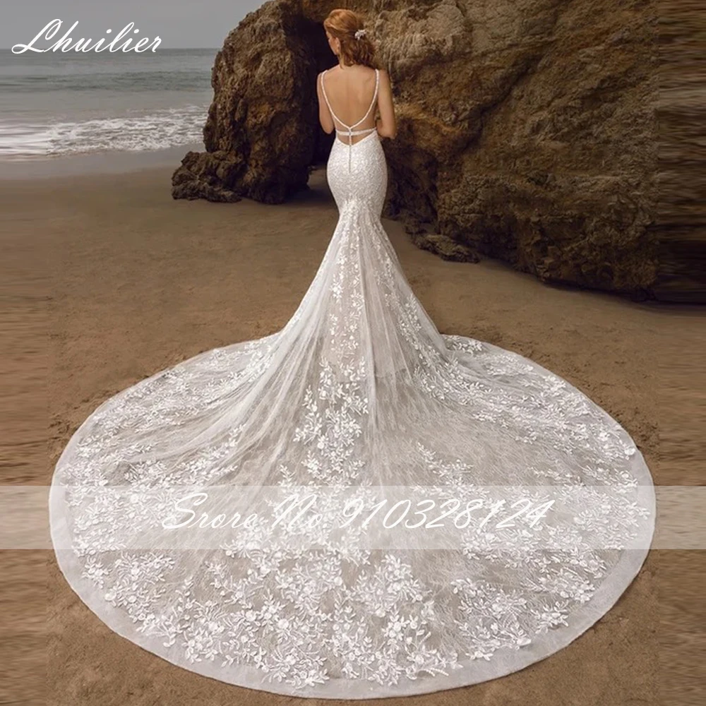 Lhuillier Customized V Neck Beaded Lace Mermaid Wedding Dresses Sleeveless Backless Bridal Dress with Cathedral Train