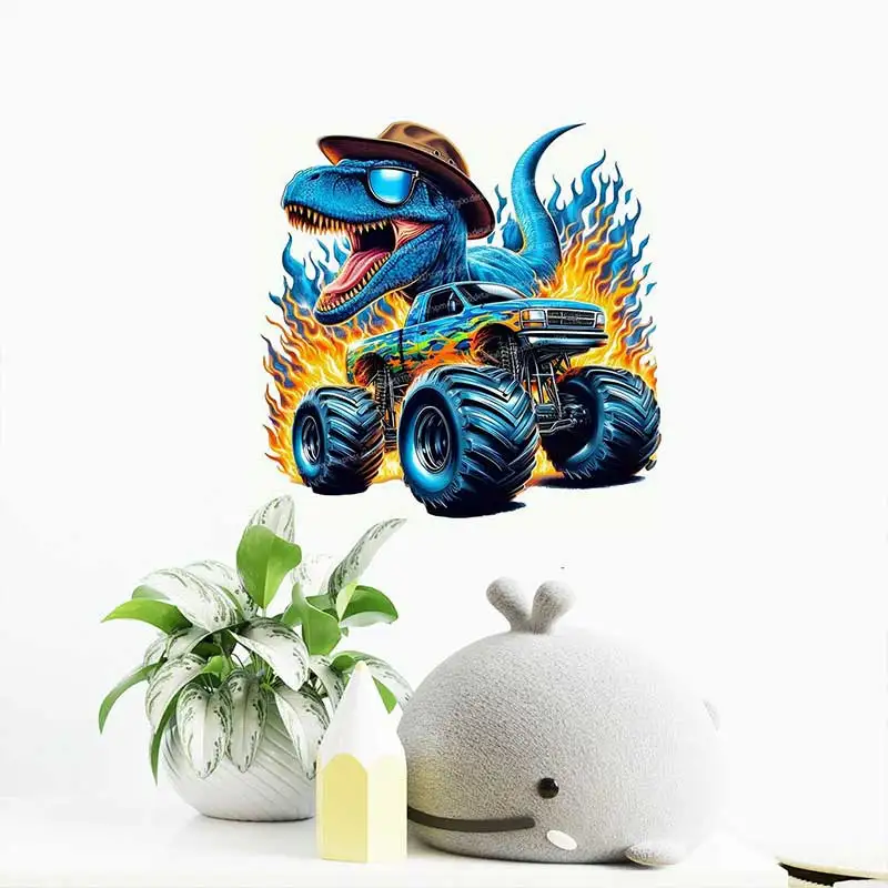 Dragon Hunting Monster Truck Pattern Wall Stickers Children's Bedroom Room Background Decoration Mural Animal Home Decor  AA501