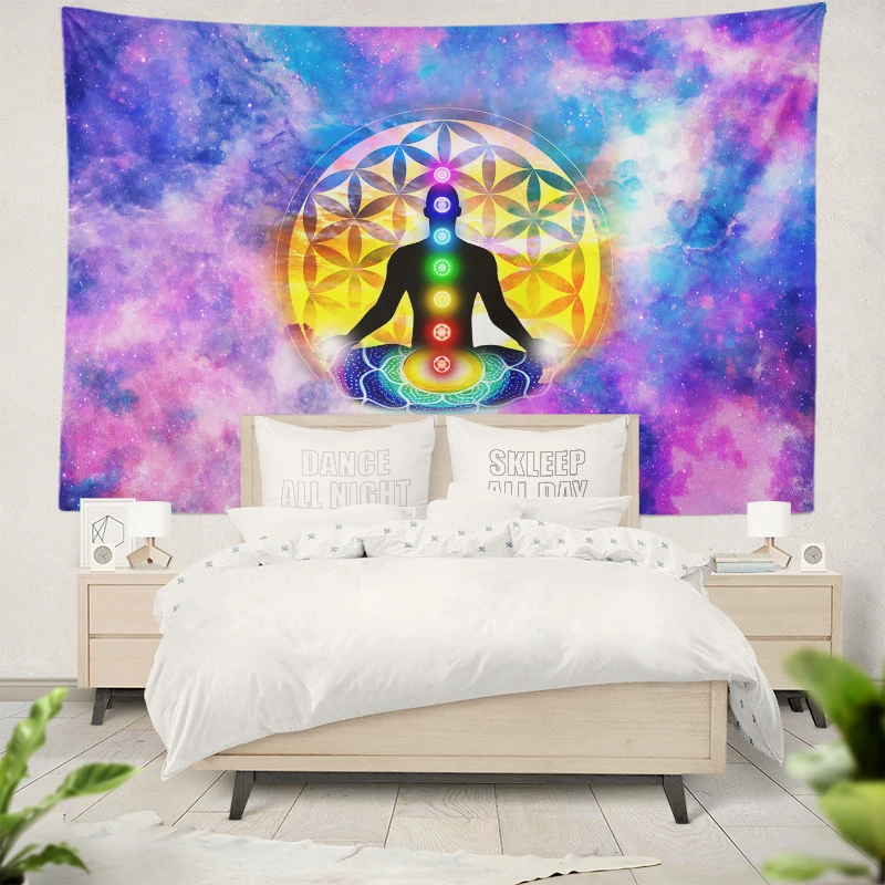 Grote yoga meditatie tapijt Galaxy bloem van het leven muur opknoping zeven chakra energie muur decor spirituele heidense altaar doek nieuw