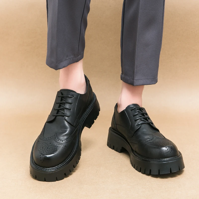 

Thick Soled Height Increasing Casual Shoes Men PU Solid Color Versatile Fashion Lace Up Business Formal Shoes