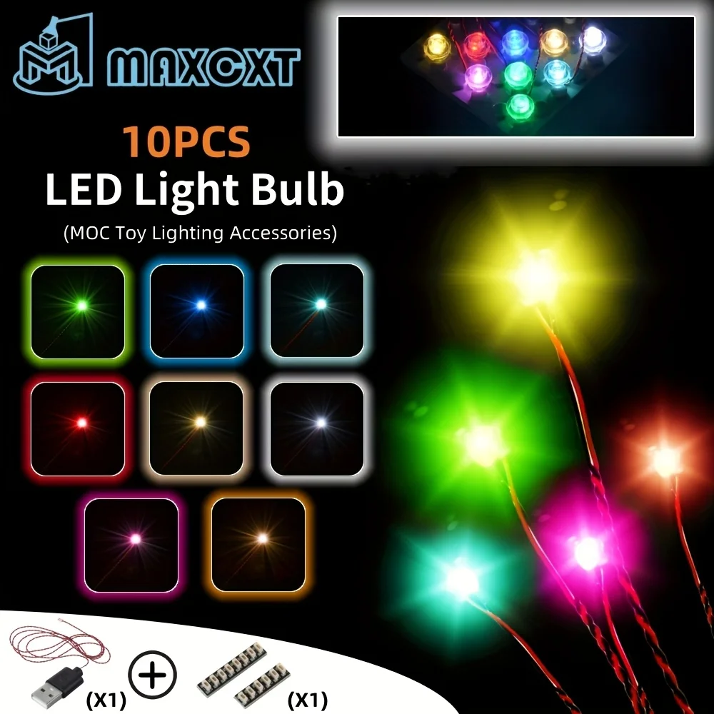 10pcs 5.91in  LED Lights Multi-Color Light Up Accessories with 0.98in Black Cables & 3.5mm Power Adapter for Toy Building Blocks