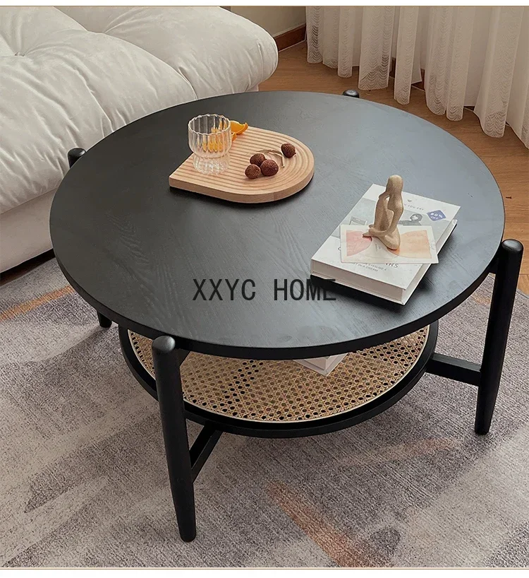 

Vintage Solid Wood Coffee Table round Rattan Portable Nordic Black Living Room Leisure Home