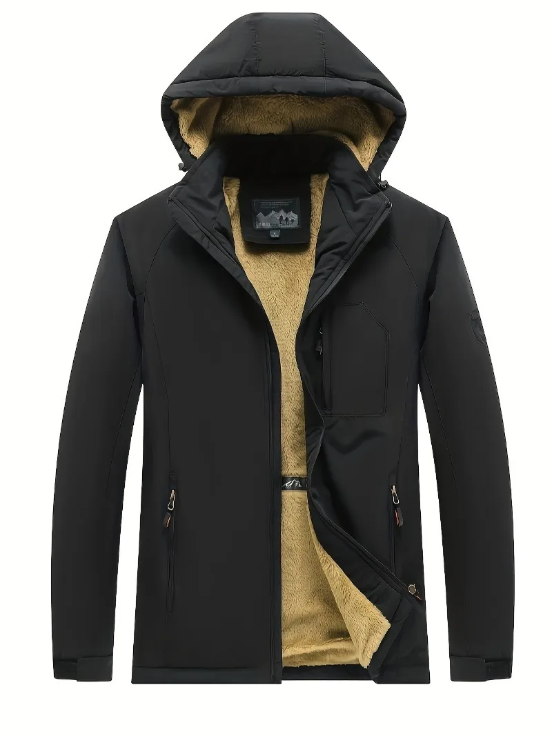 

Мужская зимняя повседневная куртка с капюшоном и несколькими карманами, дышащая толстая полиэстеровая подкладка, съемный капюшон, застежка-молния