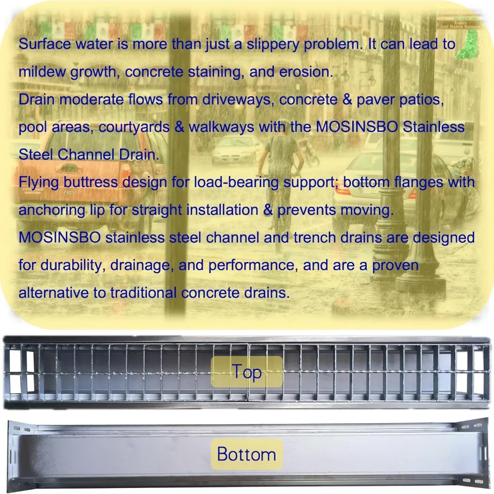 تصريف قناة من الفولاذ المقاوم للصدأ مع شبكة فولاذية مجلفنة، 39.4 × 5.9 × 5.5 بوصة، طقم لـ 3 أنابيب، شديدة التحمل، نظام تصريف B125