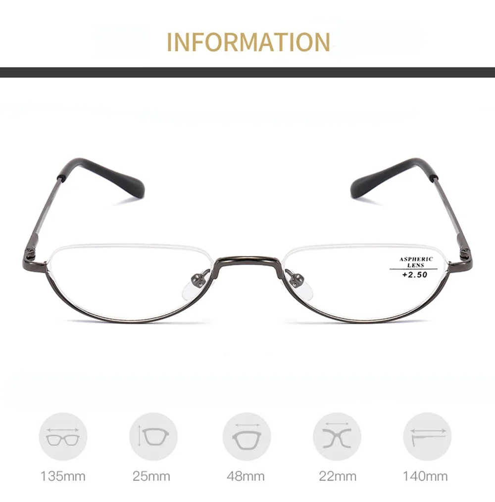 Stainless Steel Half Frame Alloy Small Portable Oval Fashion Reading Glasses +0.75 +1 +1.25 +1.5 +1.75 +2 +2.25 +2.5 +2.75 to +4