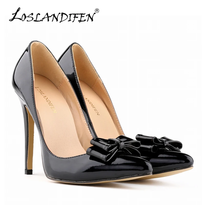 LOSLANDIFEN Women Pumps Fashion Patent Leather Sweet Bow Sexy 11cm Pointed Toe High Heels Stiletto Party Dress Wedding Shoes